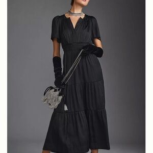 Anthropologie Black Smocked-Waist Tiered Maxi Dress NWOT Silky Black SOLD OUT
